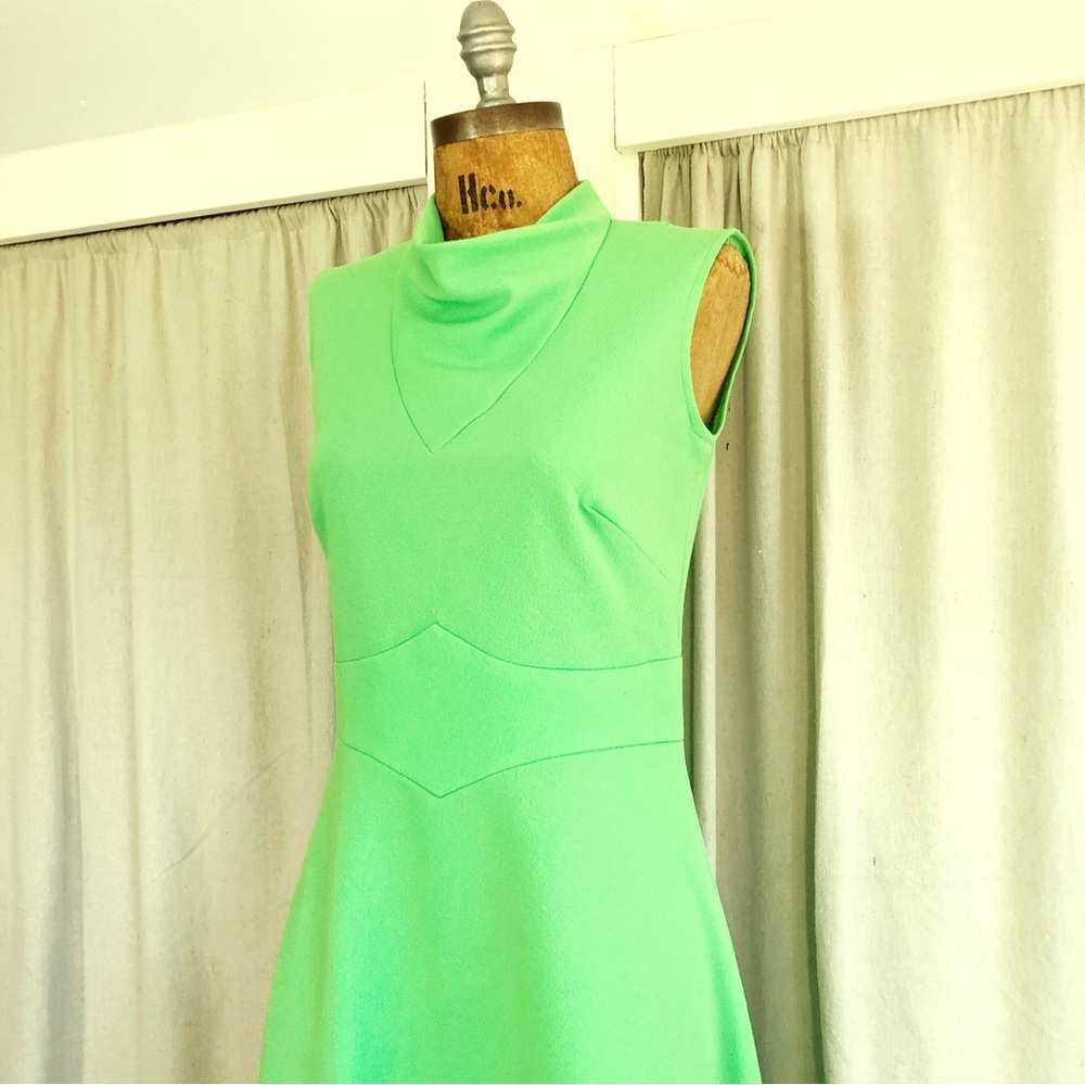 SOLD Vintage 60s Acid Green Poly Knit Maxi Dress - Picture 4 of 8